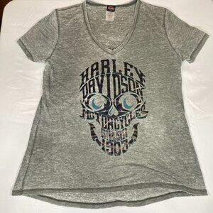 Women's Harley Davidson V Neck Skull Grapic XL Cotton Blend Gray T-Shirt